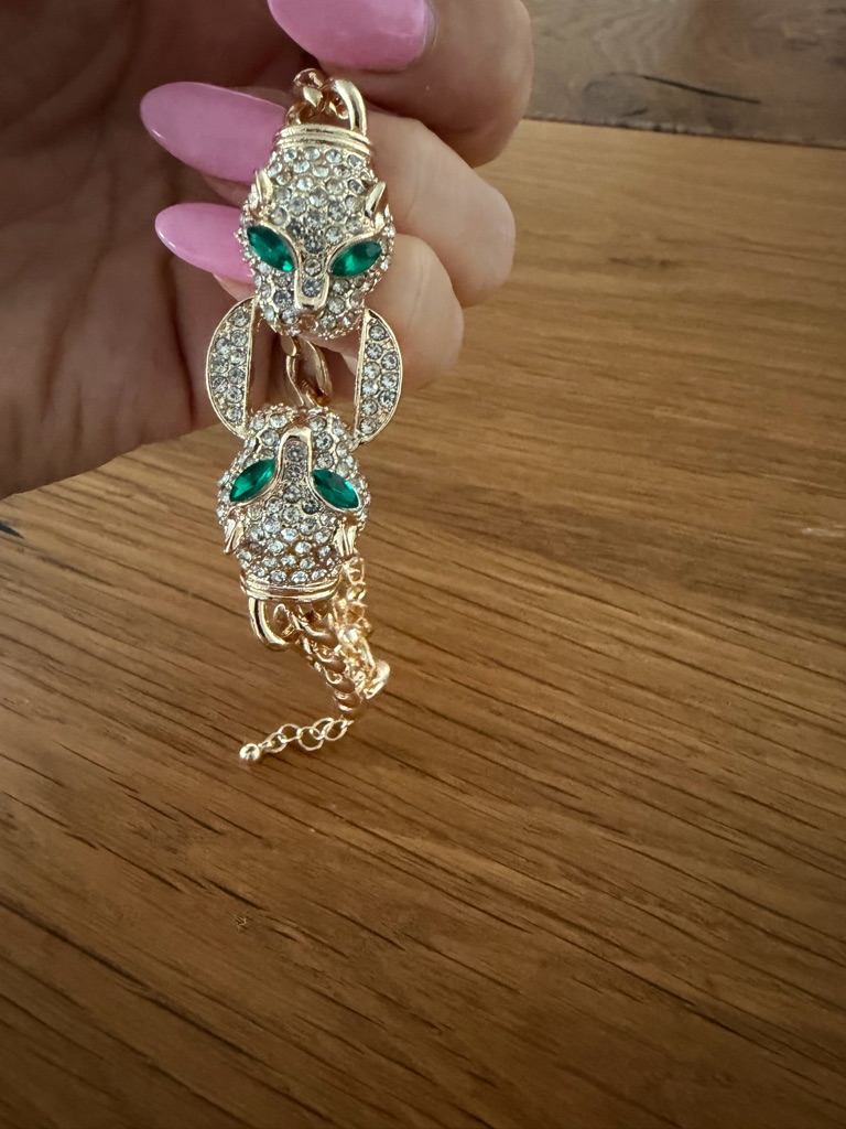 Gold-Tone Panther Head Bracelet With Green Crystal Eyes